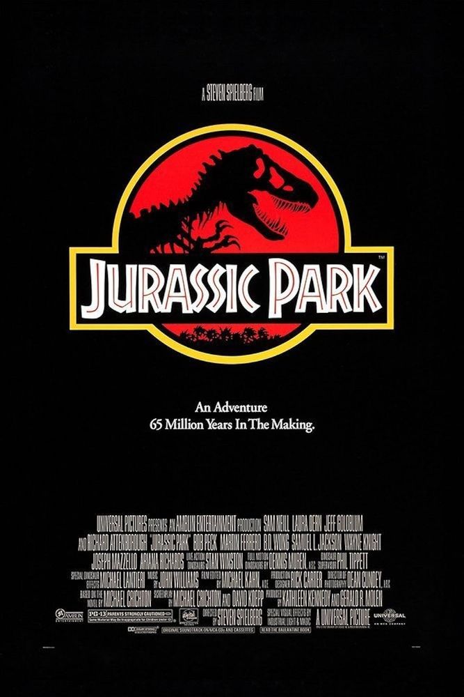 Movie poster of Jurassic Park (1993)
Skeleton of of a T-Rex in a red circle on a black background