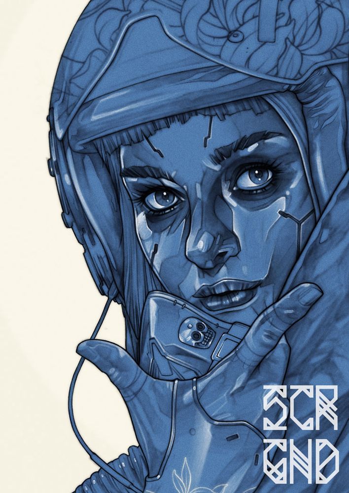Illustration of woman wearing a floral decorated flight helmet and holding a mask to her face.