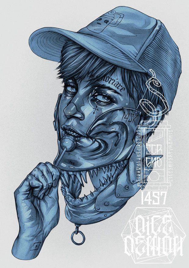 Blue illustration of a pointy sharp teethed woman wearing a shark tooth face mask.
