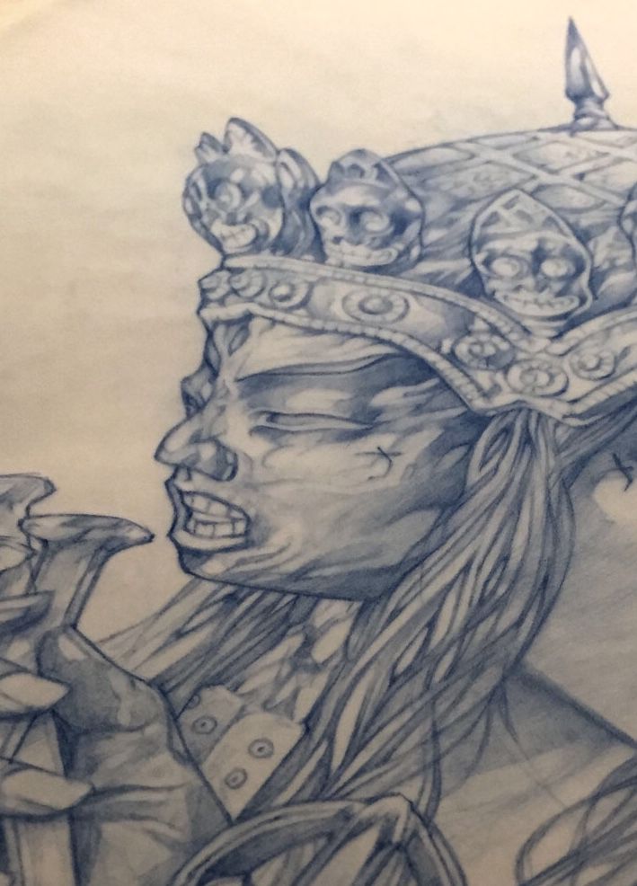 Blue pencil drawing of a face that’s been incorporated into a crown.
