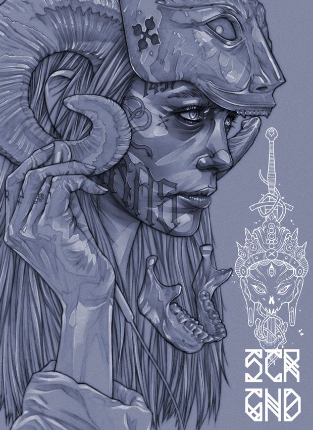 Illustration of a horned woman holding an earphone to her head. A staring mask sits at the top of her head and a disembodied jawbone below.