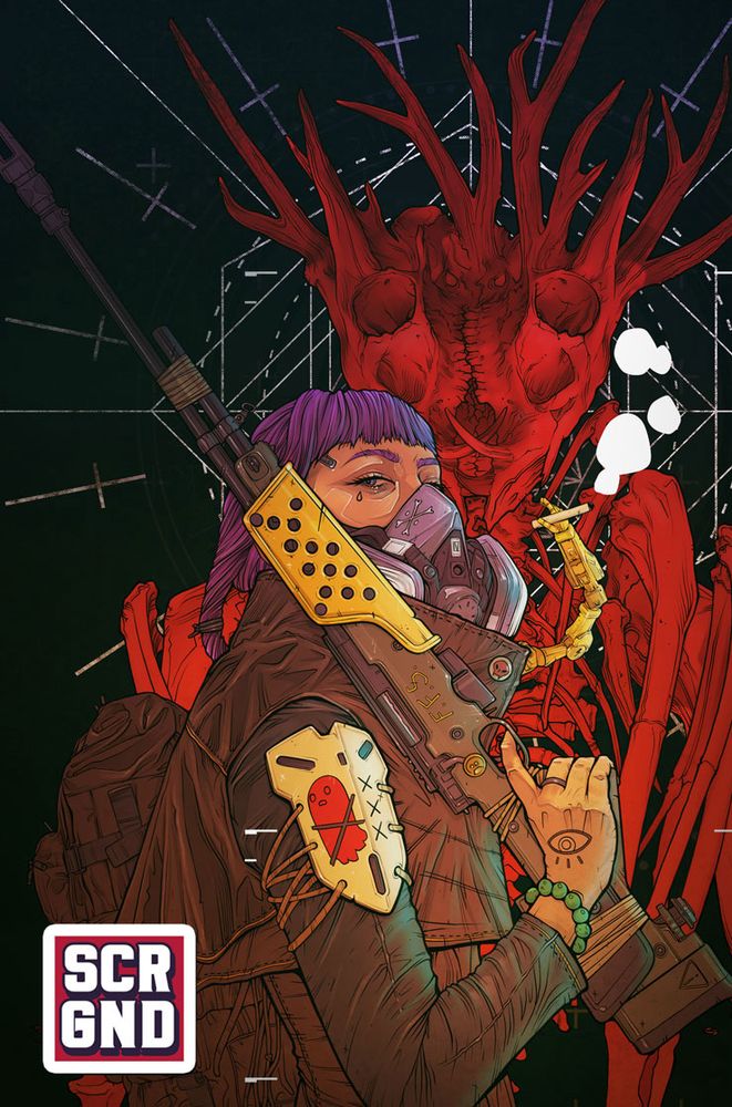 Illustration of a woman wearing a mask and cyber pauldron. The mask has a small mechanical arm for holding cigarettes. Behind her is a red amalgamation of animal bones.