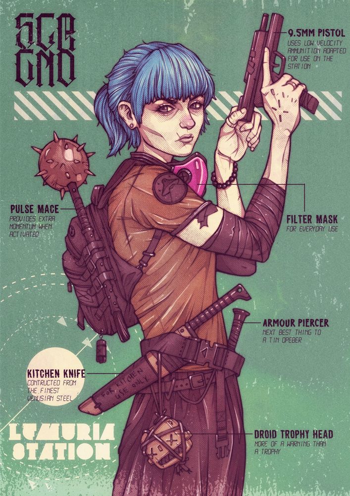 Illustration of a resident of Lemuria space station. Fully equipped to deal with the rogue droids running wild.