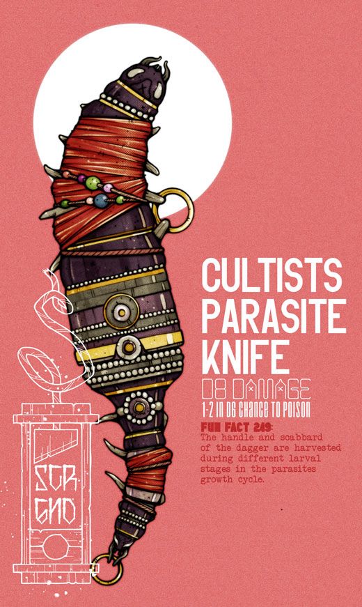 Illustration of wrapped and beaded, sheathed knife made from a discarded insect carapace.