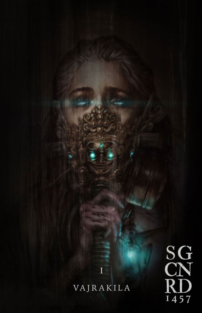 Illustration of a woman holding a golden, ornamental gasmask to her face.  