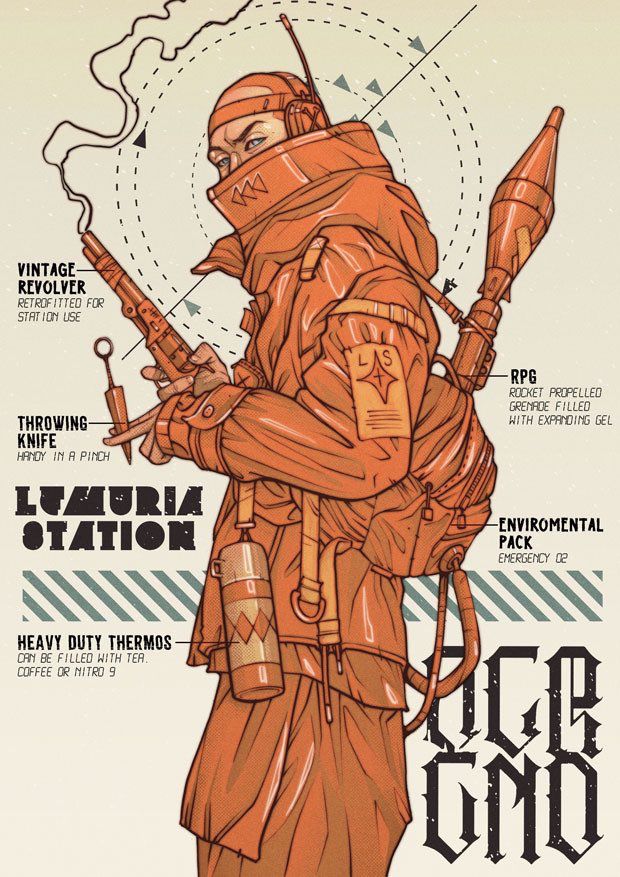 Illustration of a droid hunter from Lemuria Station. Fully tooled up with guns, knives and nitro9.