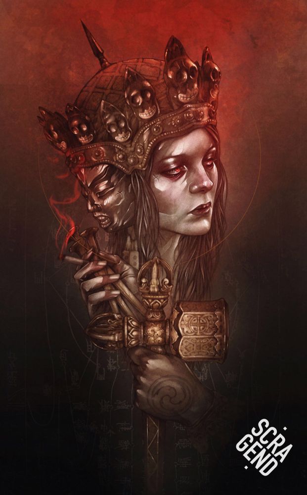 Illustration of a woman wearing a crown of skulls and faces. She holds nails and a lot cigarettes in one hand and an ornamental hammer in the other.