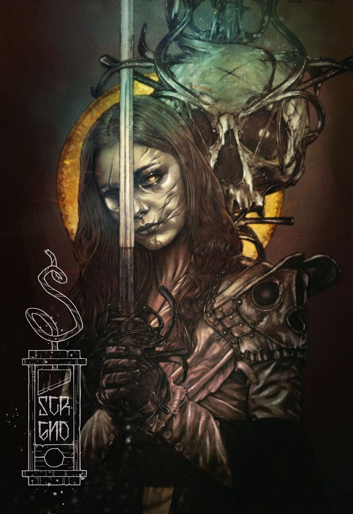 Illustration of a woman holding a fencing sword in front of her, one half her face becoming skeletal. 