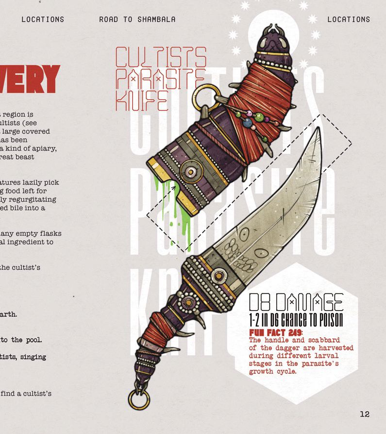 Part of a ttrpg page spread, showing an illustration of a poison knife ad its insect carapace sheathe.