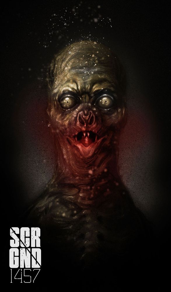 Illustration of a ghoulish chap. Shiny gold eyes and a red stained maw.