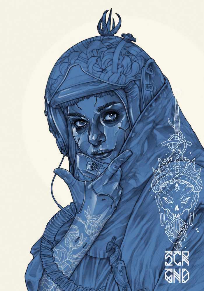 Illustration of a woman wearing a flight helmet decorated with flowers and holding a mask up to her face.