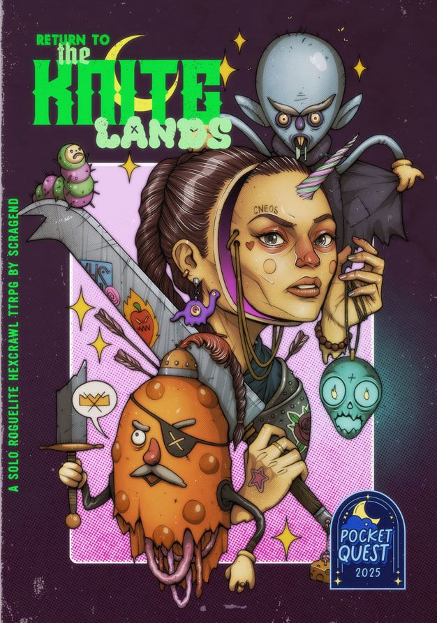 Cover artwork for ‘Return to the Knite Lands’. A woman holding an oversized cheese knife and a blue glowing skull is flanked by two characters from a children’s show. 