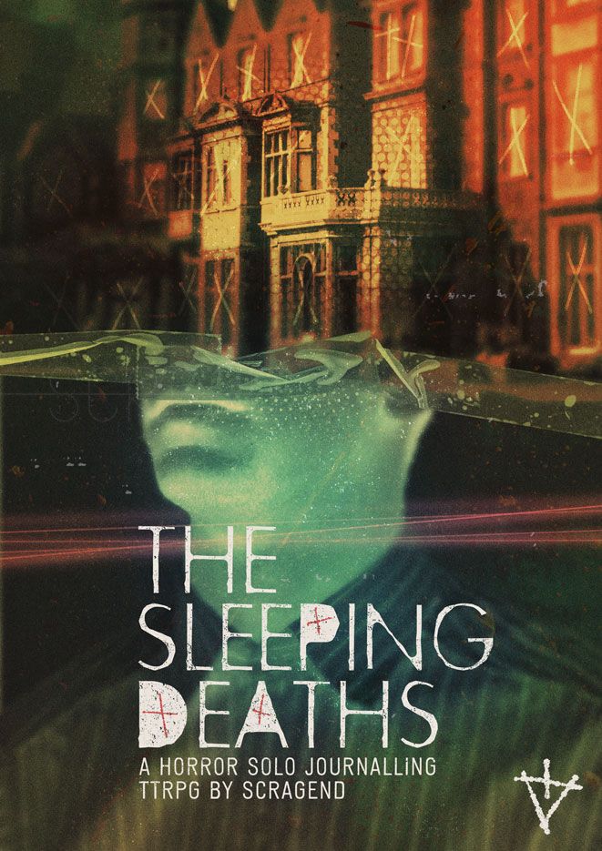 Cover artwork for ‘The Sleeping Deaths’, the bottom half is of a ghostly face, and the top a haunted Manor House with its windows crossed out.