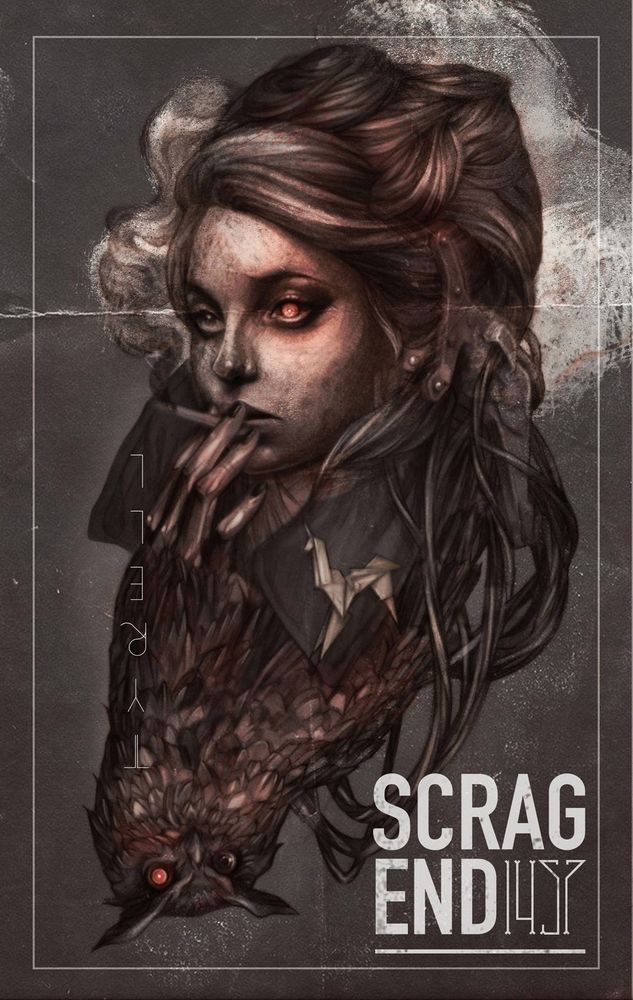 Illustration of smoking woman wearing an origami unicorn brooch. The reverse of the picture is an android owl. Both the owl and the woman have one red eye.