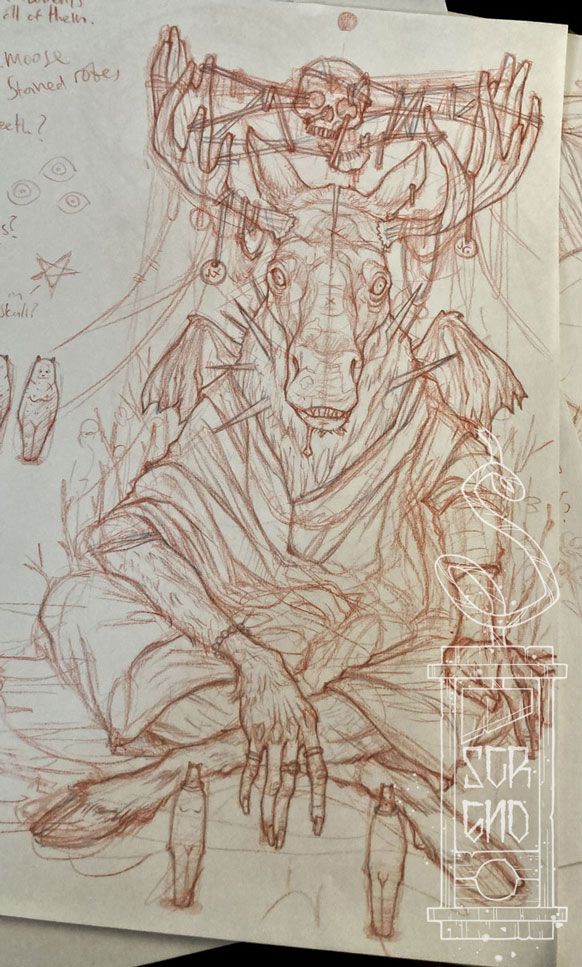 Pencil drawing of the Devilled Moose. Sitting cross legged, two small human effigies before it and a skull entwined between its antlers.