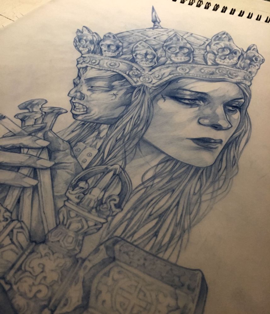 Pencil drawing of a woman holding a hammer in one hand, and nails and a cigarette in the other.