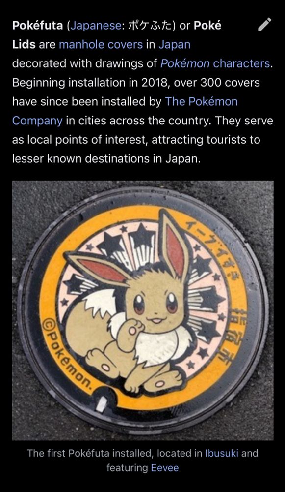 Screenshot of Wikipedia page for “Pokefuta.” 
At the bottom is a picture of a manhole cover with Eevee on it, at the top is the words:

“Pokéfuta (Japanese: ポケふた) or Poké Lids are manhole covers in Japan decorated with drawings of Pokémon characters. Beginning installation in 2018, over 300 covers have since been installed by The Pokémon Company in cities across the country. They serve as local points of interest, attracting tourists to lesser known destinations in Japan.”