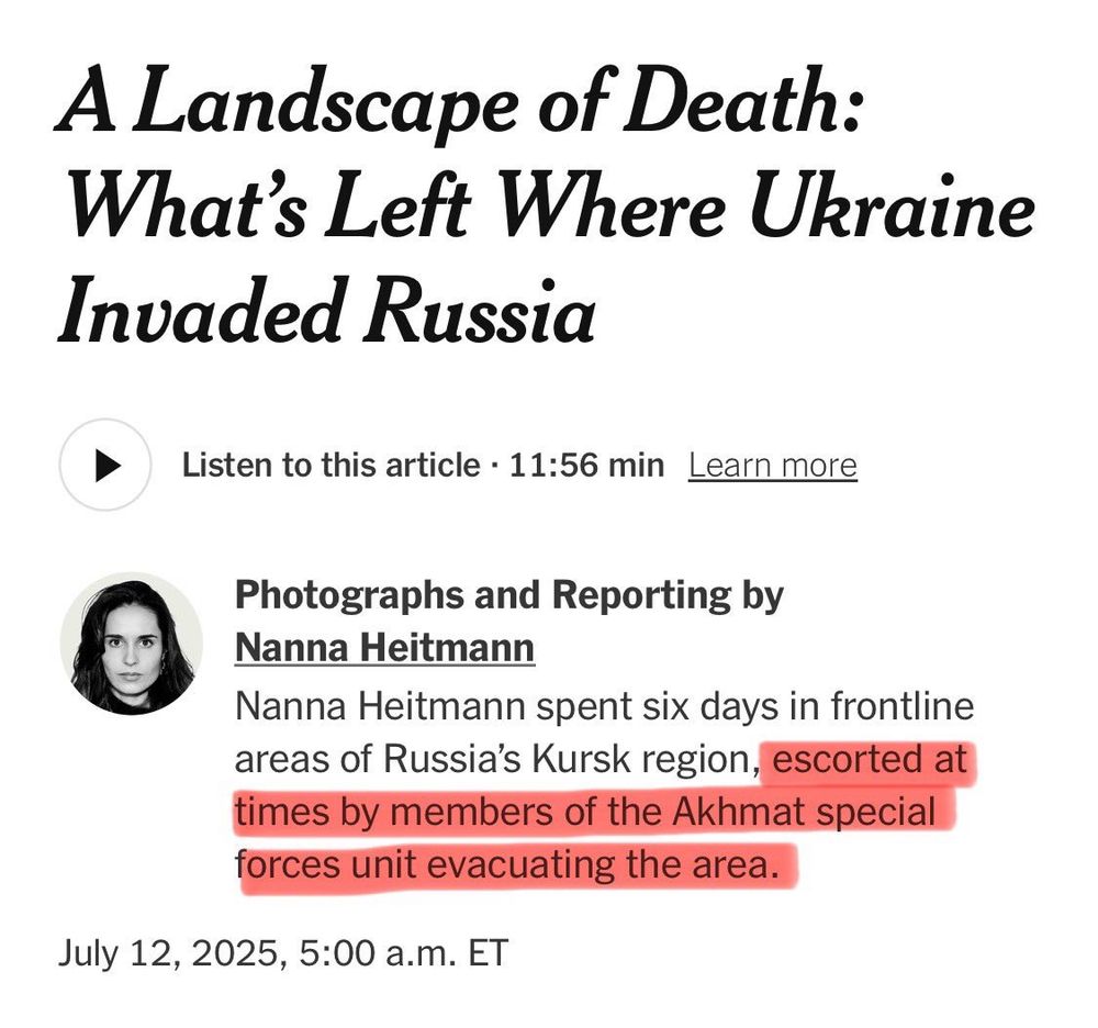 A Landscape of Death:
What's Left Where Ukraine
Invaded Russia
Listen to this article • 11:56 min Learn more
Photographs and Reporting by
Nanna Heitmann
Nanna Heitmann spent six days in frontline areas of Russia's Kursk region, escorted at times by members of the Akhmat special forces unit evacuating the area.