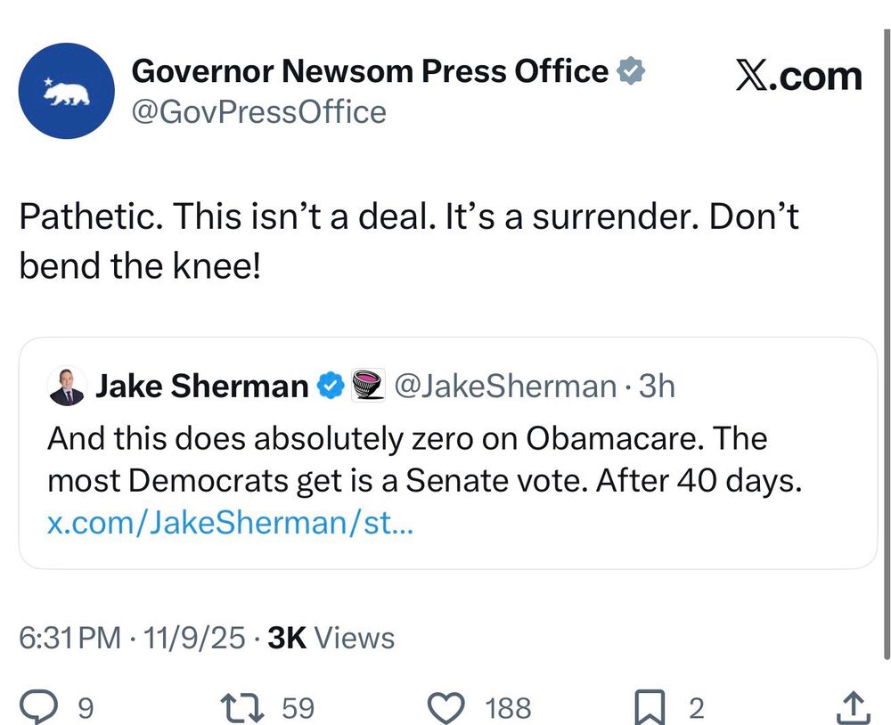 Governor Newsom Press Office
@GovPressOffice
X.com
Pathetic. This isn't a deal. It's a surrender. Don't bend the knee!
