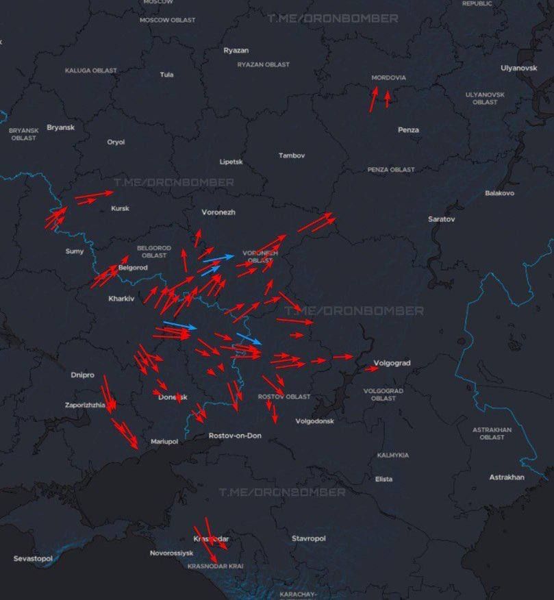 Map with red arrows showing UKR drones