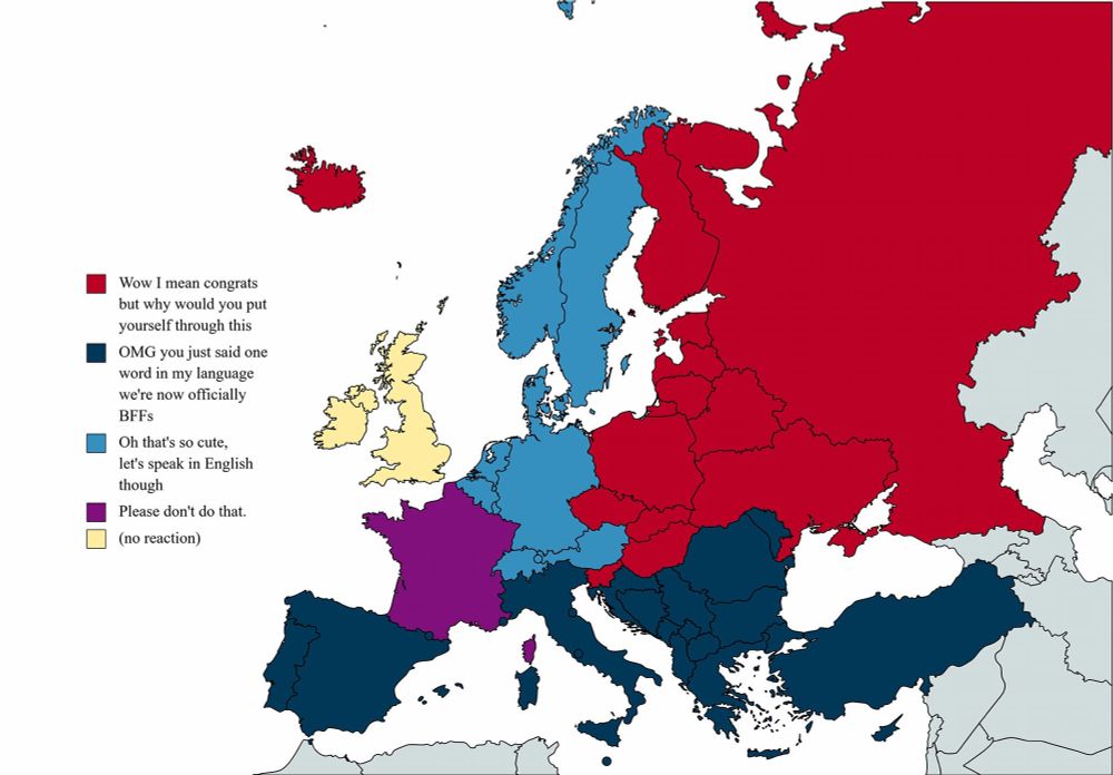 Wow I mean congrats but why would you put yourself through this - Eastern Europe 
OMG you just said one word in my language we're now officially
BFFs - Mediterraneans
Oh that's so cute, let's speak in English though - Scandi/Germany
Please don't do that. -France
(no reaction)