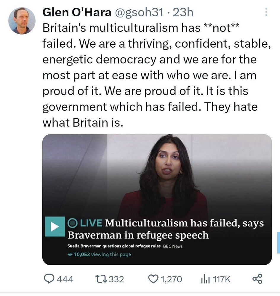 Tweet by Glen O’Hara praising Britain’s multiculturalism