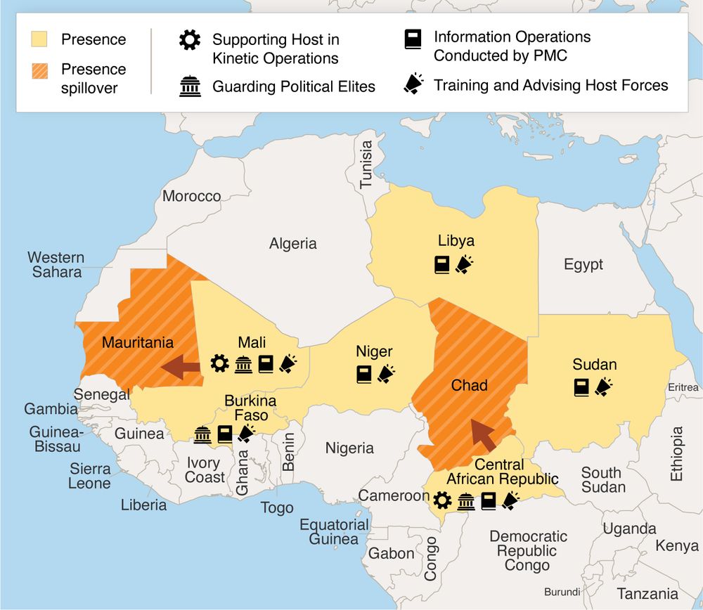 Map of North Africa showing Russian presence in eight countries 