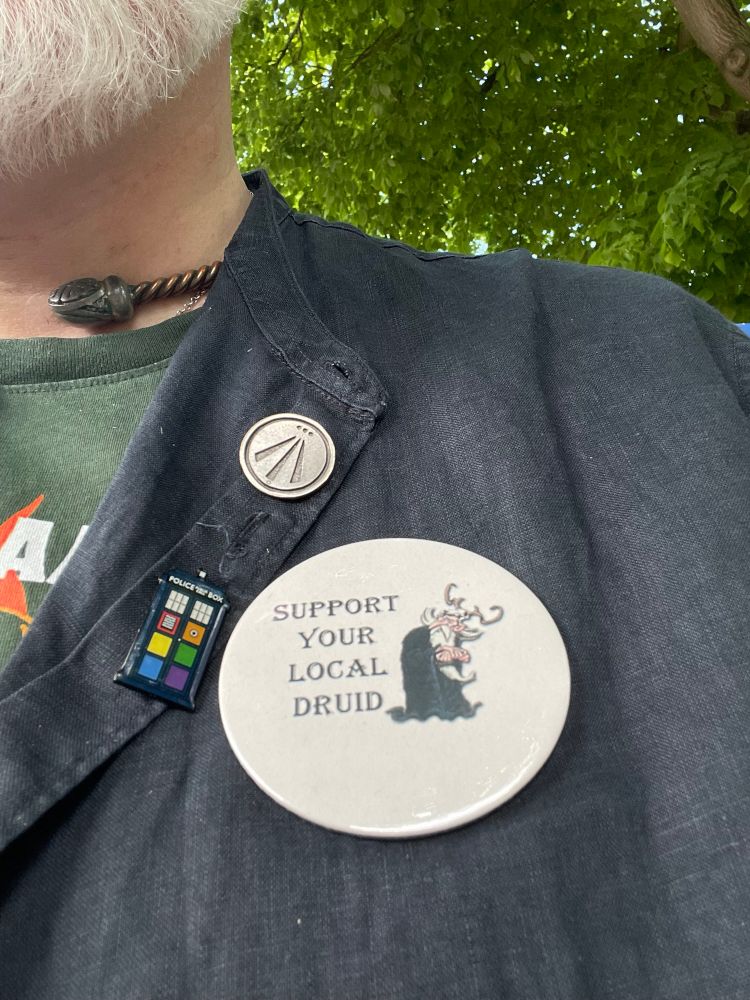 Druid Awen badge, Tardis police box badge with rainbow coloured door panels, badge reading “support your local Druid”.