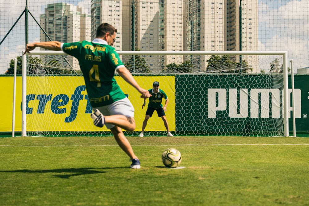 Envision Racing drivers Robin Frijns & Sebastien Buemi practice soccer penalty taking at Sociedade Esportiva Palmeiras' training ground.