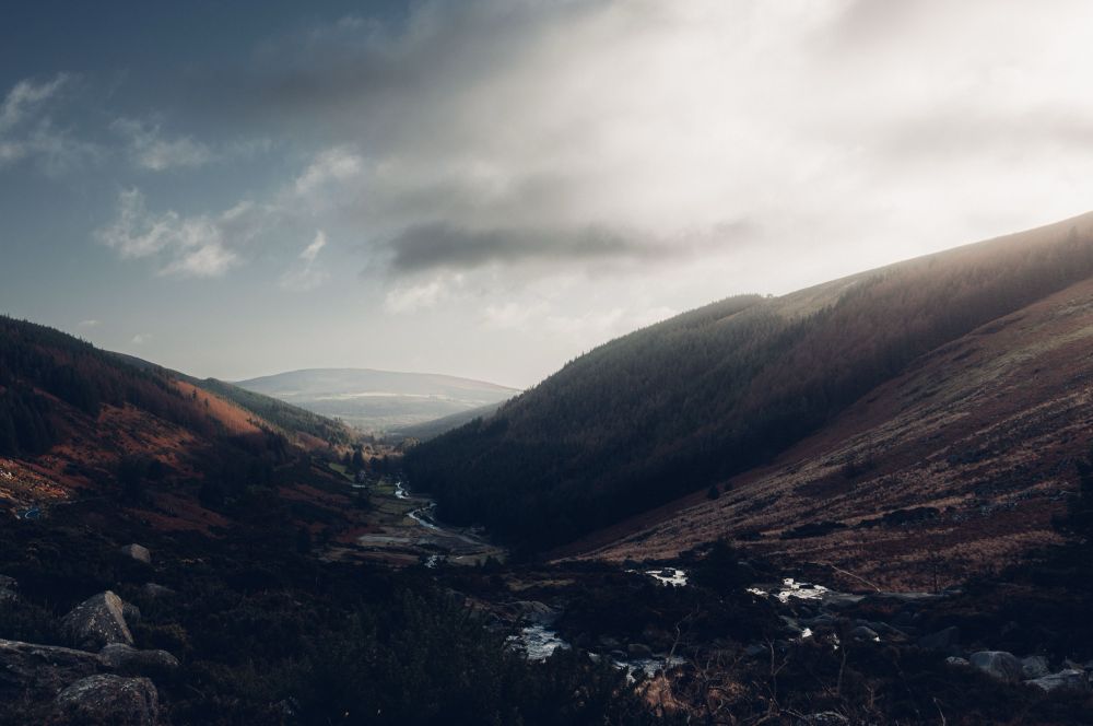 A photo looking down Wicklow Gap towards Laragh in the winter sun. 