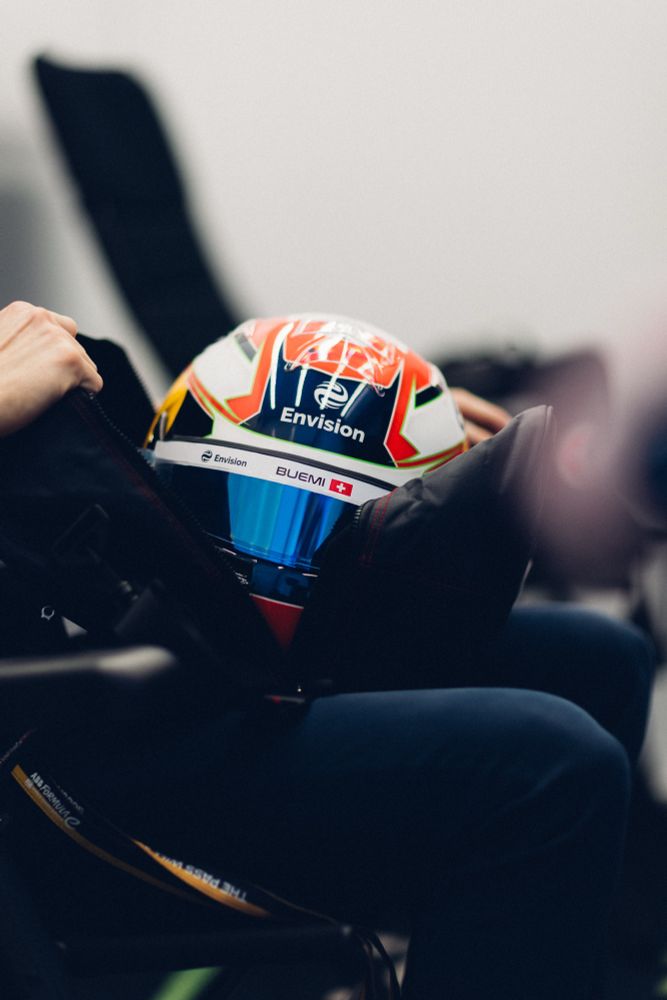 Sébastien Buemi unpacks his race helmet. 