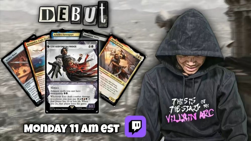 Ezio Auditore Da Firenze Commander deck premiere banner. 11am EST Monday on Twitch. 