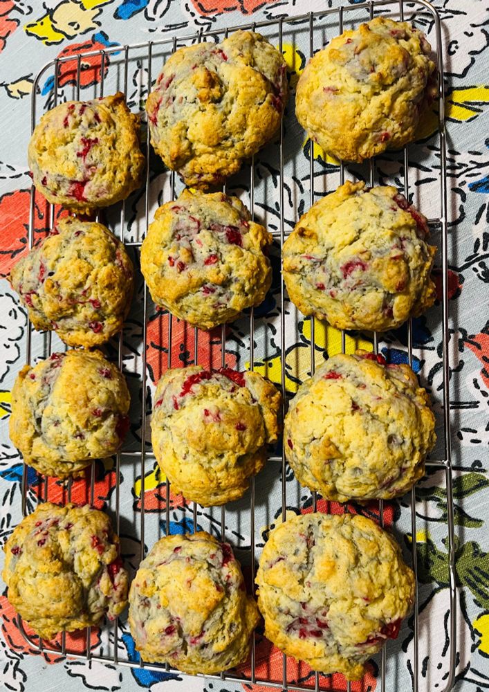 12 golden brown raspberries scones on a cooling rack on top of a floral tablecloth
