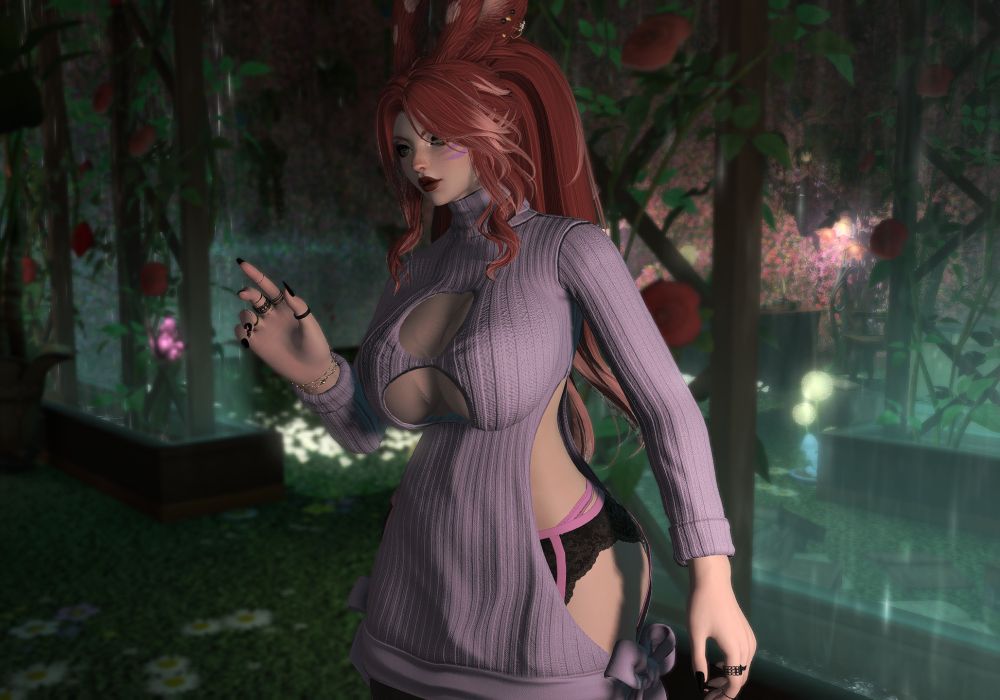 Lynnea Ymir, a busty redheaded Veena woman, in her vilekin vivarium - a room that has been transformed into a dark and dim location with plenty of water, humidity and plants. She is seen here wearing a revealing sweater dress and lingerie, counting the vilekin and insects that are amongst the branches, leaves and flowers.