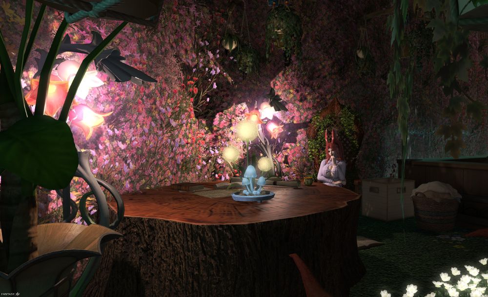 Lynnea Ymir (a redheaded and busty Veena woman) in a very plant-based surroundings, a room that she has turned into a sanctuary for the study of insects and vilekin, with many plants, dim lighting and lots of running water!