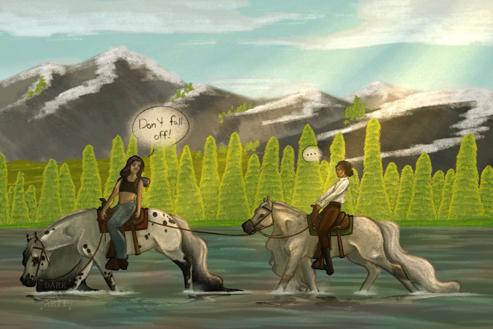 2 people riding horses through a murky river with trees and mountains behind them. There is text, with the first rider telling the one behind them “Don’t fall off!”, while the other riders speech bubble “…” to refer to his silence.