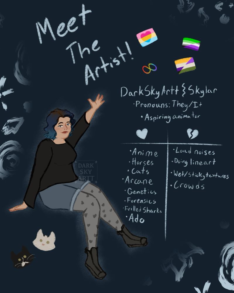 A “Meet the Artist” image of DarkSkyArtt aka Skylar. There are pride flags for Aromantic, Asexual, Pantomantic, Nonbinary, and Genderqueer. There is also a rainbow infinity symbol, symbolizing autism. The likes listed are Anime, Horses, Cats, Arcane, Genetics, Forensics, Frilled Sharks, and Ado. The dislikes are Loud Noises, Doing Lineart, Wet/Sticky Textures, and Crowds. There is a sketch done of DarkSkyArtt/Skylar: a plus size person with short blue hair in a long sleeve black shirt, grey leggings with darker hearts, jean shorts, and black boots. In the bottom left corner are two drawings of cats: a tuxedo cat and a white cat. The background is blue with a drawn floral print.