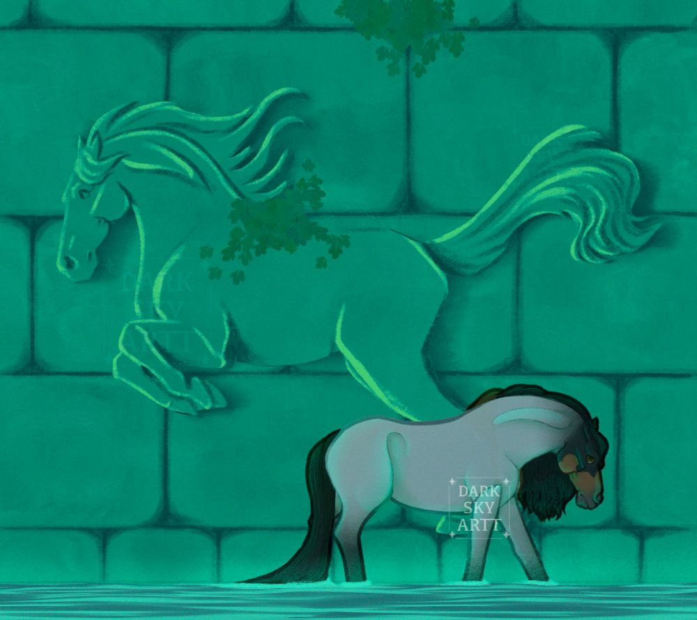 Horse walking through water with a blue-green background that has a relief sculpture of another horse running the opposite way