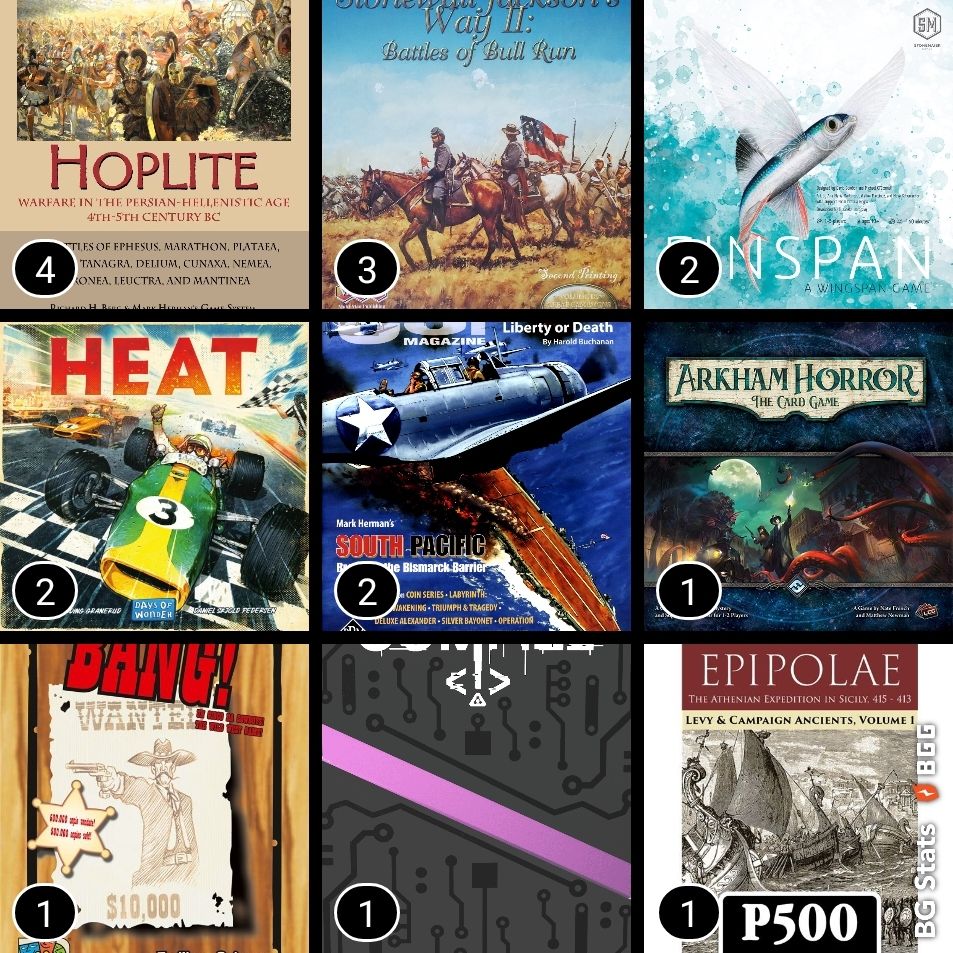 Top games played this year:
Hoplite
Stonewall Jackson's Way II
Finspan
Heat: Pedal to the Metal
South Pacific: Breaking the Bismarck Barrier
Arkham Horror TCG
Bang!
Compile: Main 
Epipolae