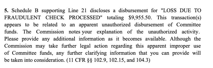 5. Schedule B supporting Line 21 discloses a disbursement for 