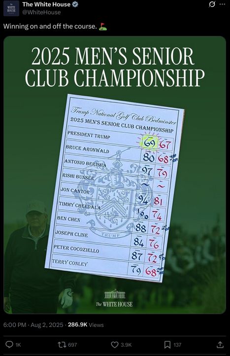 A WH tweet showing Trump won his Bedminster club's senior champiobnship