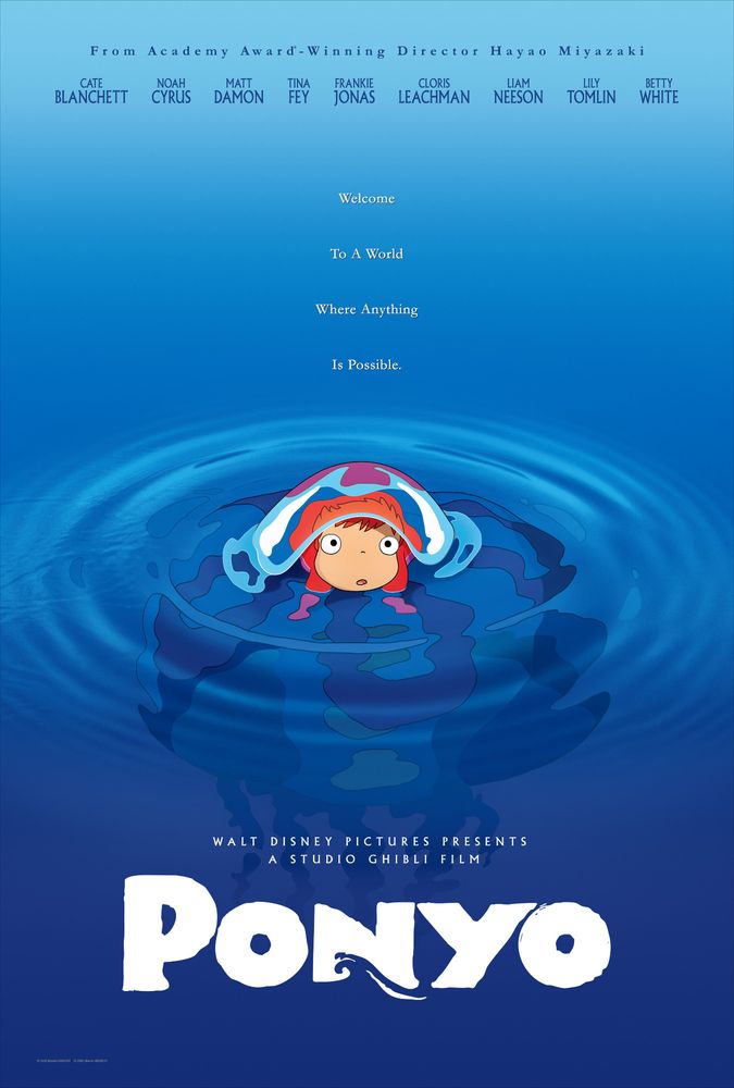 The american movie poster for Ponyo. Ponyo, a fish girl is looking at you from under a water blanket 