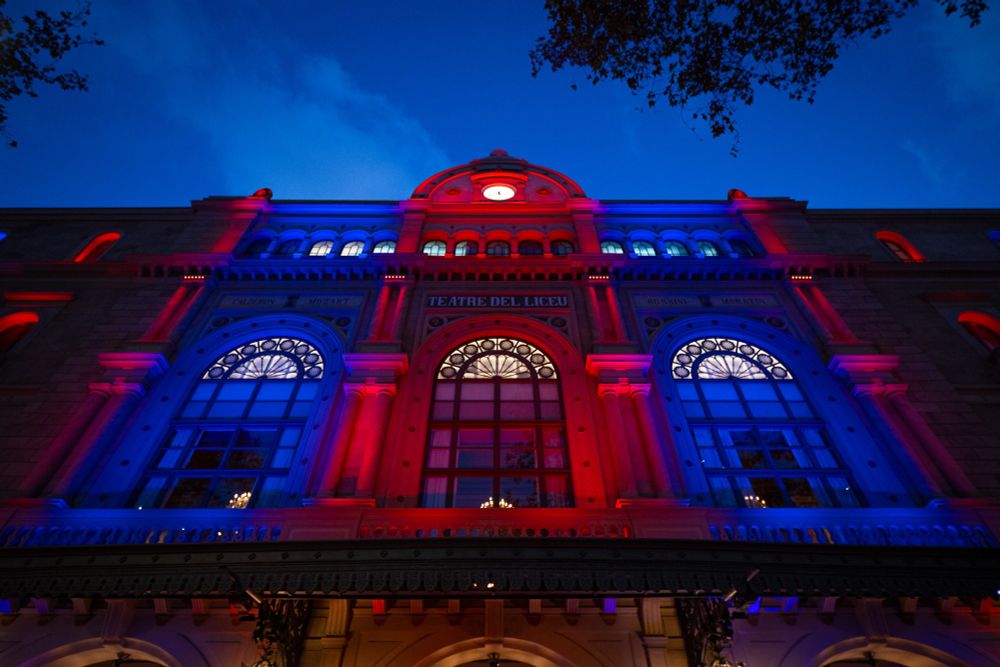 The front facade of Barcelona's 'Teatre del Liceu' showing FC Barcelona colors for the ceremony of the 125th anniversary.