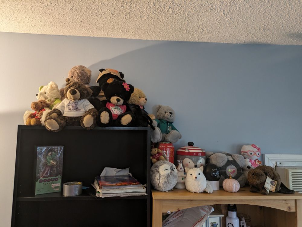 A bunch of bears and other knickknacks on top of some shelves.