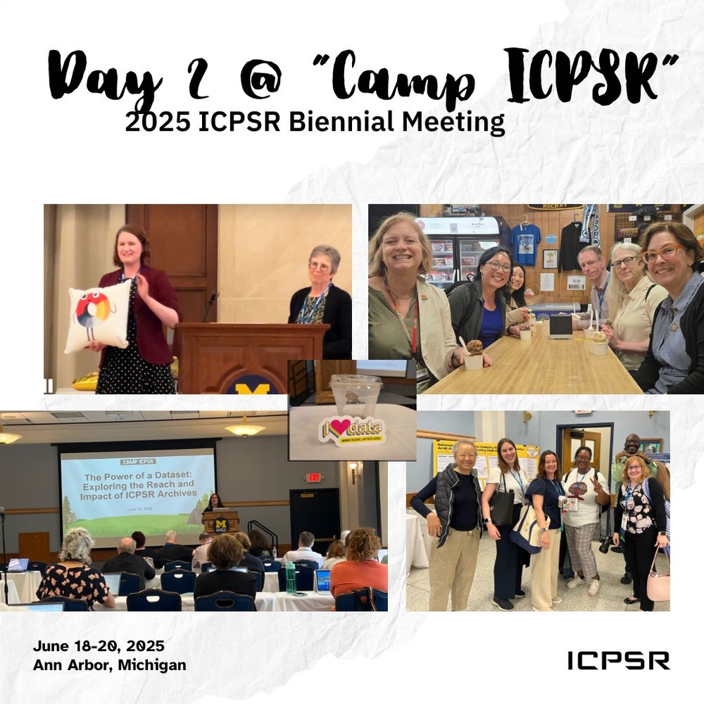 Collage from Day 2, including Flanagan award presentation, ice cream break, Power of a Dataset session, and attended taking a candid photo looking at camera.