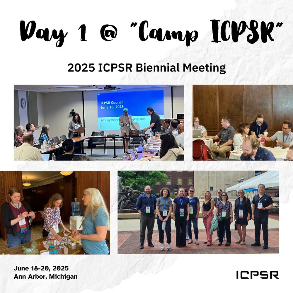 Collage, clockwise from top right, ICPSR OR/DR workshop, participants standing in front of U-M bell tower, crafting break, and ICPSR Council in session