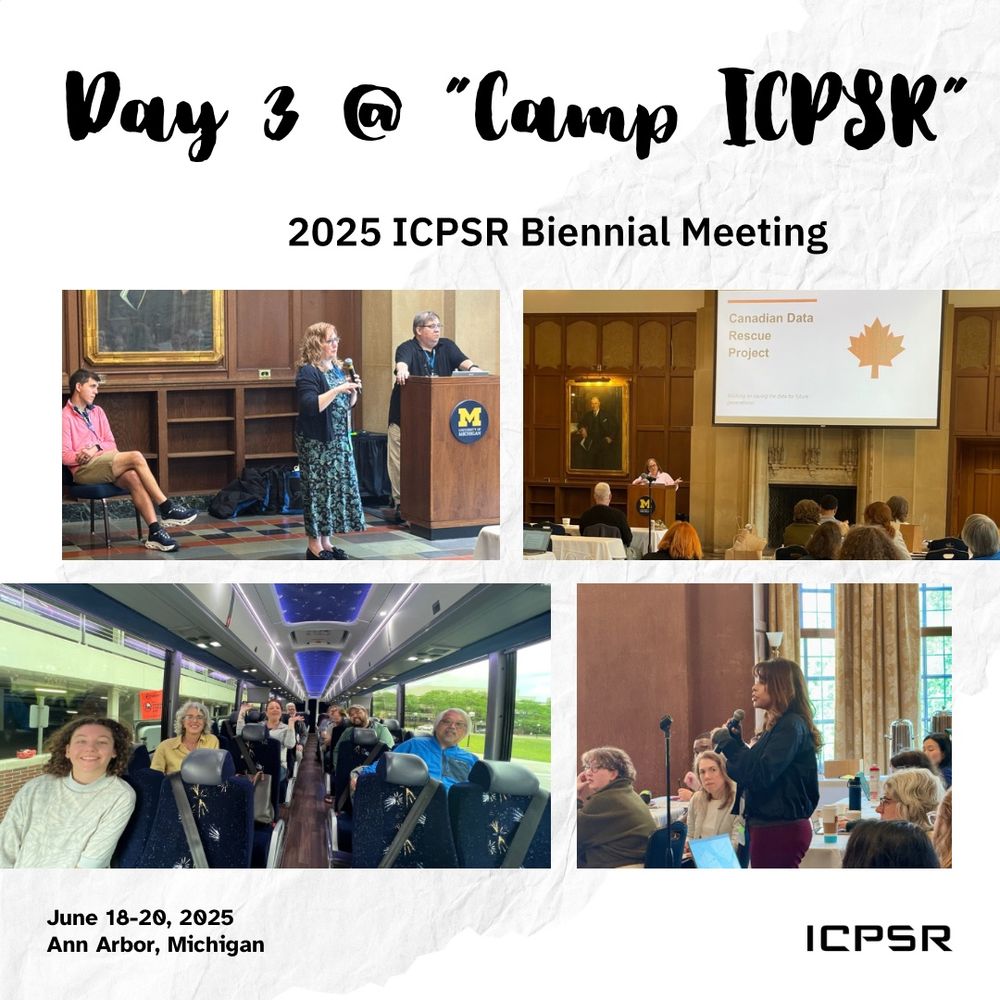 Day 3 at Camp ICPSR,
collage of day’s sessions and attendees on bus heading to airport.
