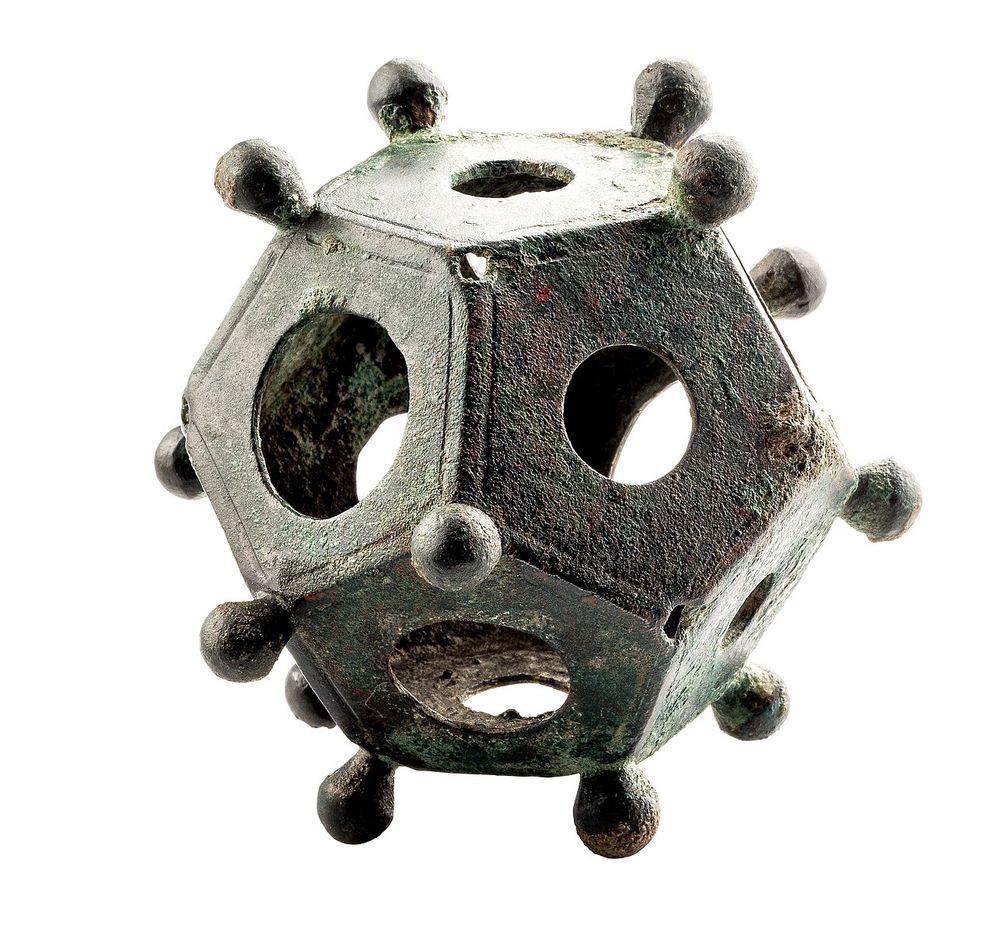 Roman dodecahedron in bronze, 150 to 400 AD, location: Tongeren, Leopoldwal, 1939, collection Gallo-Roman Museum Tongeren, Belgium.

Source : https://commons.wikimedia.org/wiki/File:Pentagon-dodeca%C3%ABder_in_brons,_150_tot_400_NC,_vindplaats-_Tongeren,_Leopoldwal,_1939,_collectie_Gallo-Romeins_Museum_Tongeren,_4002.jpg