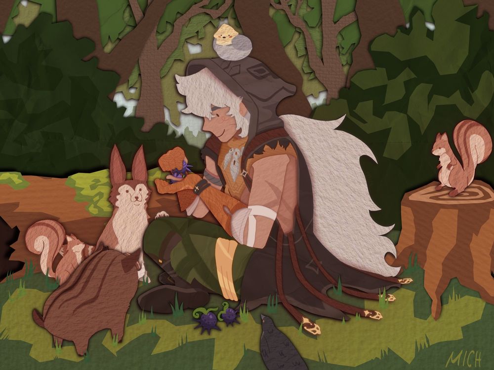 Razor from Genshin Impact holding berries as woodland critters sit attentively around him. Bird on head. Paper texture artwork, similar to cutout art.