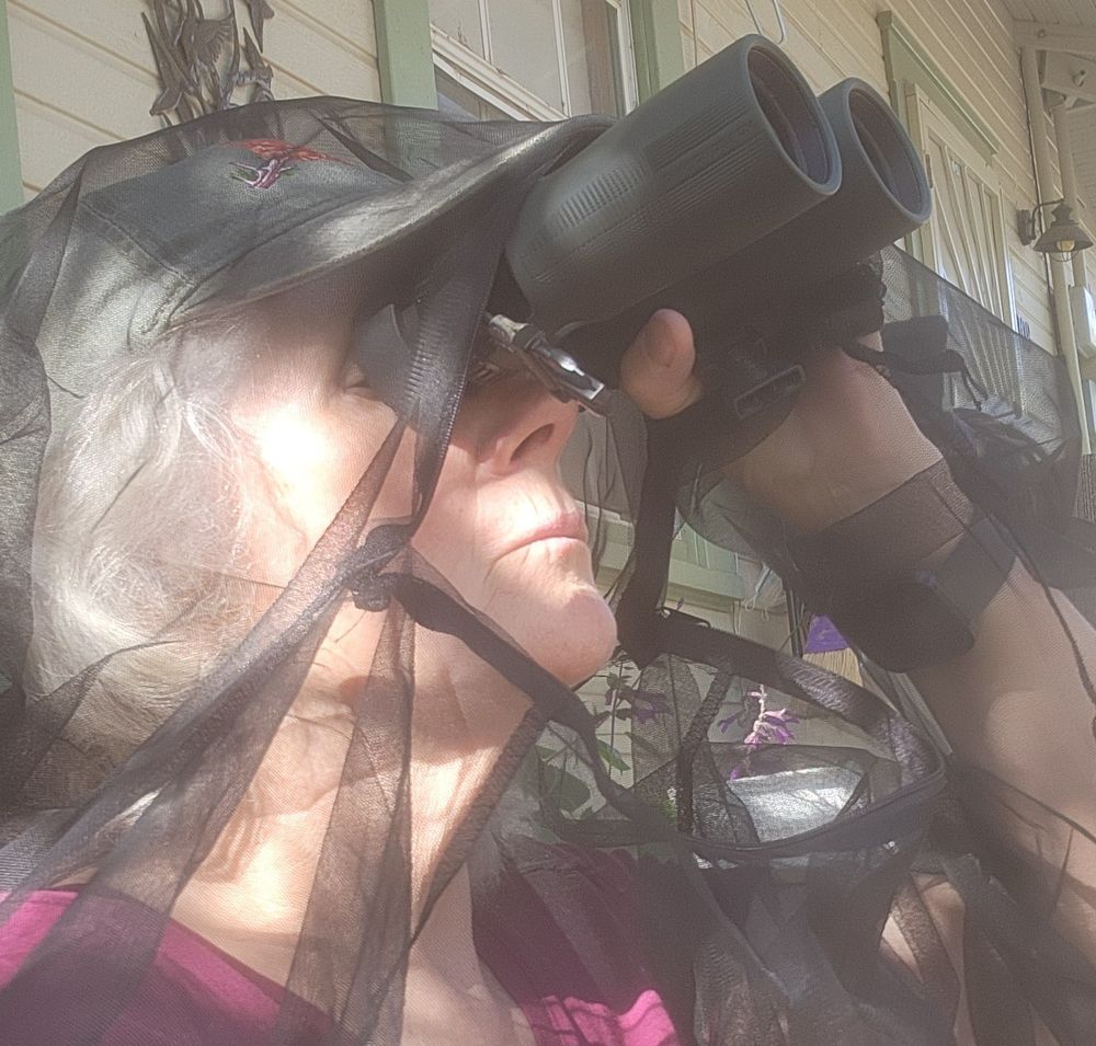 A person holds binoculars to their eyes while wearing a hooded jacket made of fine-mesh insect netting.